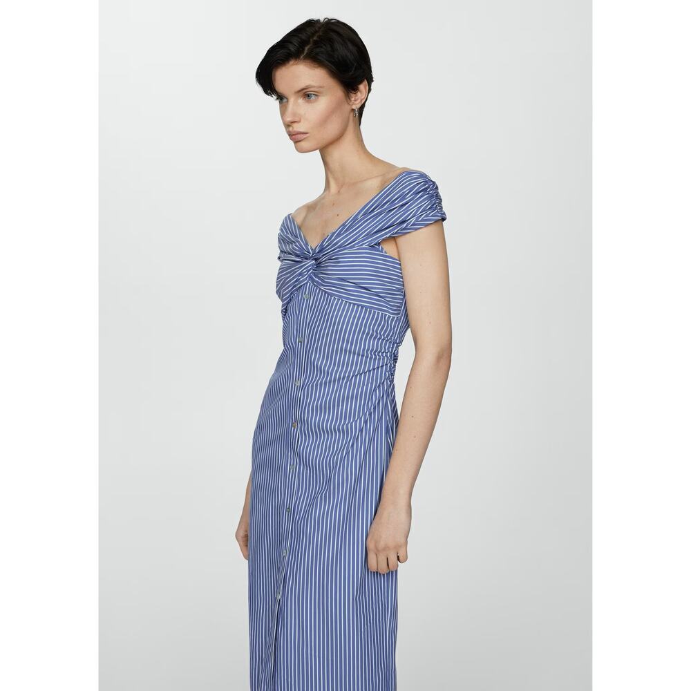 MANGO Blue White Striped Off Shoulder Midi Dress NWT Cotton Button Front - Picture 12 of 16